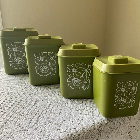 Other - •Vintage• Green Floral Square Canisters; Plastic, Set of 4 - Retro Kitchen